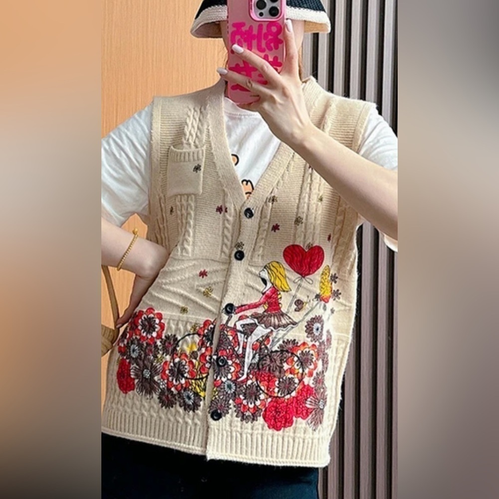 Vintage Print Contrast Knit Vest For Women Single Breasted Loose Grandmacore